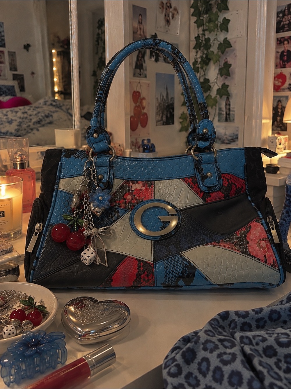 Vintage GUESS Y2K Blue Patchwork Shoulder Bag | Snakeskin